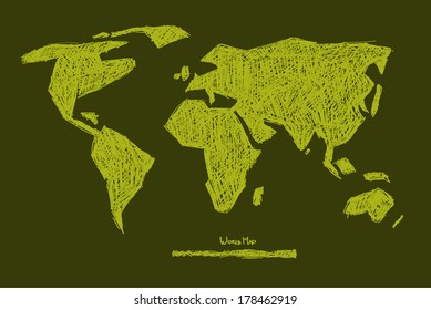 Vector Paper Hand Drawn Green World Map Illustration 