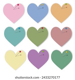 Pegatinas en forma de corazón de papel vectorial con pines de papel. 