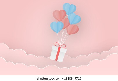 Vector paper hearts. The gift flies on the hearts. Pink clouds. Heart confetti. Valentine's Day banner.