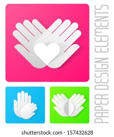 Vector paper icon with hands. Care symbols of children, about health, the nature and environment