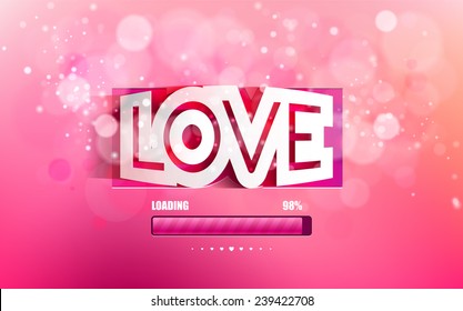Vector paper inscription love cut on a pink background with bokeh and light. Happy Valentines Day Card Design. 14 February. Blurred Soft bars with Loading text.