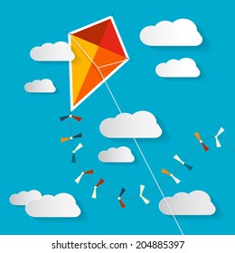 Vector Paper Kite on Blue Sky with Clouds Illustration