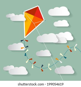 Vector Paper Kite on Sky with Clouds