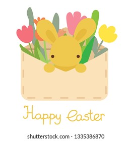 Vector paper mail envelope with kawaii cute rabbit flat naive spring flower and decorative eggs and hand drawn lettering