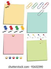 Vector Paper Message Notes Complete With Paperclips, Pins And Drawing Pin Elements