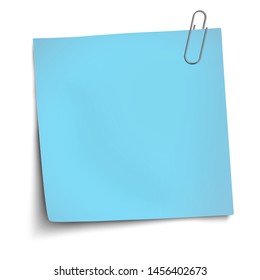 Vector paper mockup of blue note attached by metallic paper clip to white background