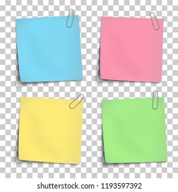 Vector paper mockup of color notes attached by metallic paper clips.