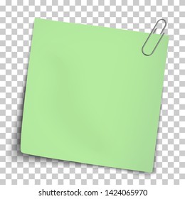 Vector paper mockup of green note attached by metallic paper clip placed on transparent background.
