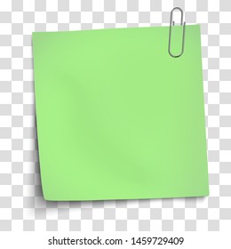Vector paper mockup of light green note attached by metallic paper clip to transparent background