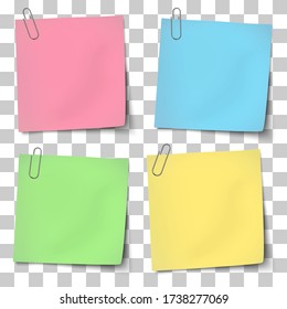 Vector paper mockup, template of color notes attached by metallic paper clips placed on transparent background.