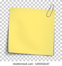 Vector paper mockup of yellow note attached by metallic paper clip placed on transparent background.