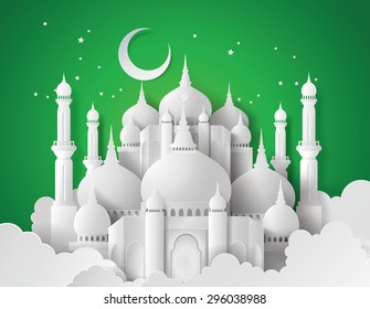 Vector de la mezquita de papel.Traducción: Ramadan Kareem. Estilo de arte de papel.