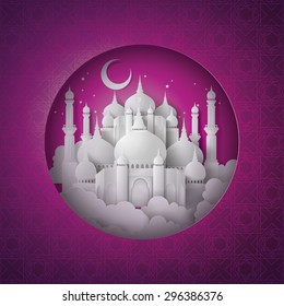 Vector de la mezquita de papel.Traducción: Ramadan Kareem. Estilo de arte de papel.