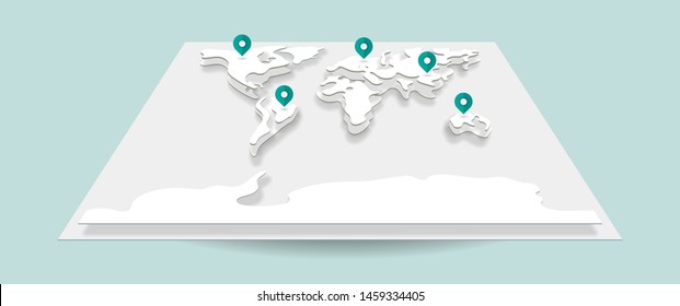 Vector paper navigation earth world map. Modern isometric style 3d gray color illustration of planet with shadow and blue pins. Design element of worldwide for travel, infographic, report, tourism.