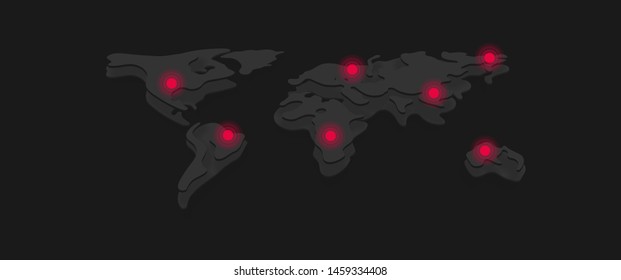 Vector paper navigation world map. Modern isometric style 3d black color illustration of planet with red distress attention sign Design element of worldwide for travel, infographic, news, events
