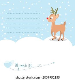 Vector paper note of Cartoon reindeer standing on snowy background, Merry christmas concept with My wish list message,  page template for diary ,notebook, organizer, planner