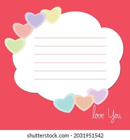 Vector paper note of Colorful hearts and love you message. Valentine's day concept.