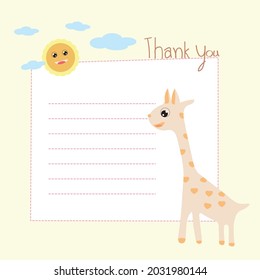 Vector paper note of Cute giraffe ,sun ,clouds and Thank You message. 