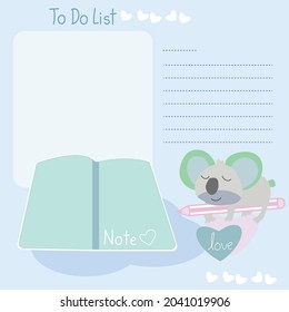 Vector paper note of cute Koala sleeping on pencil , To Do List ,Note message. Valentine's day concept.