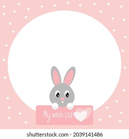 Vector paper note of Cute rabbit on pink background, hearts and My wish list message , page template for diary ,notebook, organizer, planner