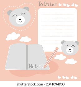 Vector paper note of cute Teddy bear Face, To Do List ,Note message. Valentine's day concept.
