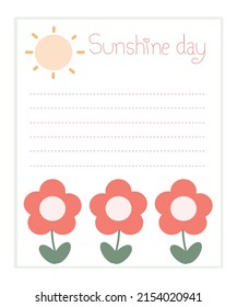 Vector paper note of flowers ,sun ,clouds and Sunshine day message, page template for diary ,notebook, organizer, planner