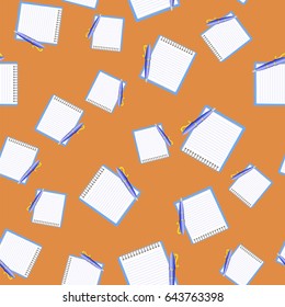 Vector Paper Notebook and Blue Pen Seamless Pattern on Orange Background
