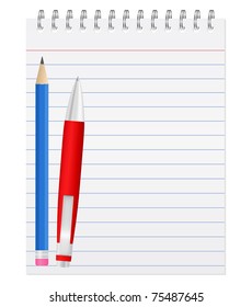 Vector paper notebook with pen and pencil on white background