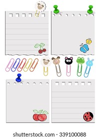 Vector paper notes with push pins and clips. Clip with cute animals.