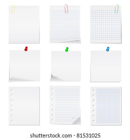 Vector paper notes with push pins and clips