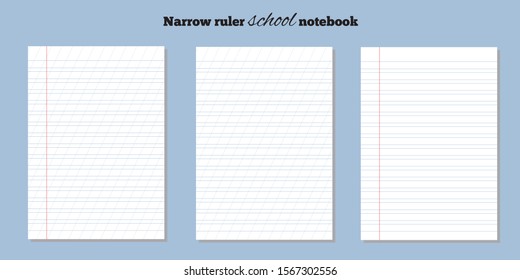 Vector paper notes. Set of sheets of school notebook in a narrow strip with an oblique ruler