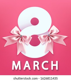 Vector paper number eight with pink silk bows 8 march greeting card