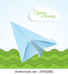 Vector paper origami airplane icon on spring background with clouds and grass . Paper design. Spring is coming lettering.