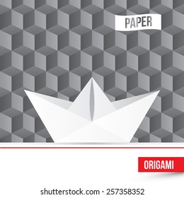 Vector paper origami boat icon on 3d cube background. Paper design