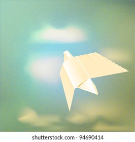 Vector paper origami dove against vintage sky