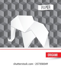 Vector paper origami elephant icon on 3d cube background. Paper design