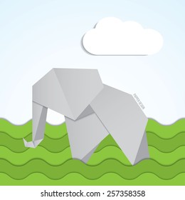 Vector paper origami elephant icon on background with clouds. Paper design