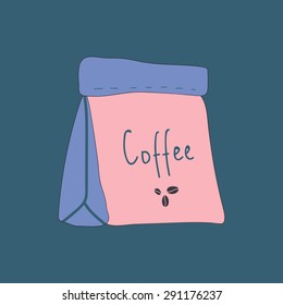 Vector paper packaging coffee bag with coffee sign and coffee beans