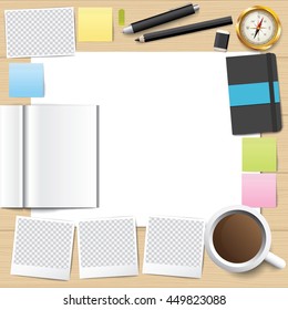 Vector paper and pencil, Blank paper, book with pencil, Compass vector. Photo frame vector. layout template for graphic, creative, business, education, A4 size. vector illustration