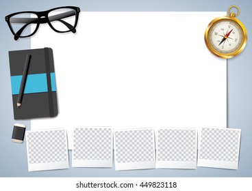 Vector paper and pencil, Blank paper, book with pencil, Compass vector. Photo frame vector. layout template for graphic, creative, business, education, A4 size. vector illustration
