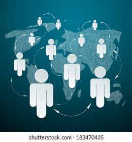 Vector Paper People on World Map - Social Media Connection