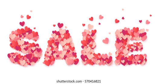 Vector paper pink and red hearts big SALE sign isolated on white background