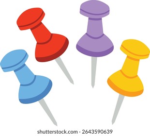 Vector paper pins set. Colorful metal pins and clips. Office stationery supplies on an isolated white background. Vector illustration.