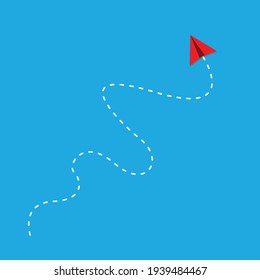 A Vector Of Paper Plane Flying Route On Blue Background. Life Is Not In Straight Line And Full Of Obstacle.