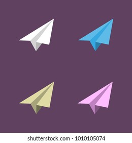 Vector paper plane icon minimalist symbol set on purple background.