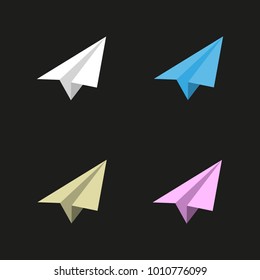 Vector paper plane icon minimalist symbol set on dark background.