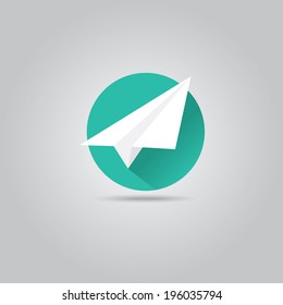 vector paper plane icon. origami airplane symbol with long shadow on stylish  background. 