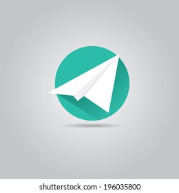 vector paper plane icon. origami airplane symbol with long shadow on stylish  background. 