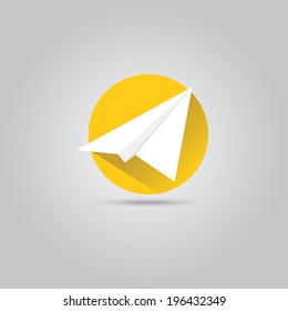 vector paper plane icon. origami paper airplane symbol with long shadow on stylish background.