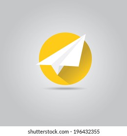 vector paper plane icon. origami paper airplane symbol with long shadow on stylish background.